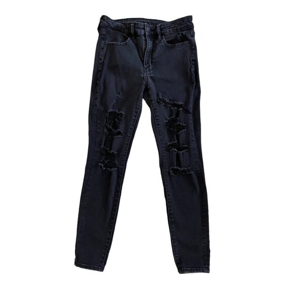 American Eagle Womens High Rise Destroyed Distressed Faded Black Jeggings‎ Jeans - Picture 1 of 7